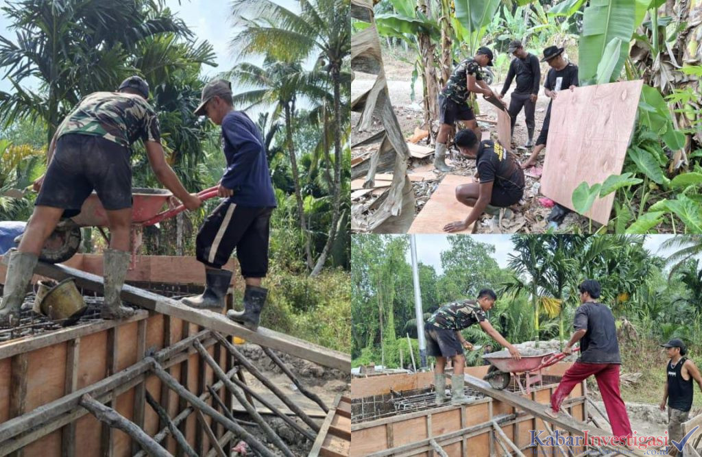 Personel Kodim 0314/Inhil Bahu Membahu Pacu Pembangunan Jembatan Gantung Perintis Garuda di Seberang Tembilahan